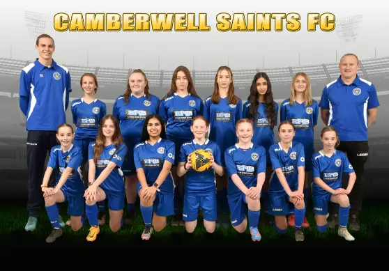 Camberwell Saints FC youth soccer team and coaches posing together in blue uniforms.