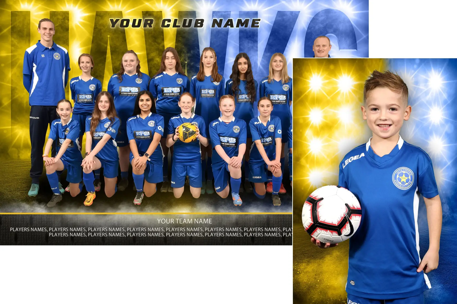 Youth soccer team and coaches in blue uniforms with a featured young player holding a ball.