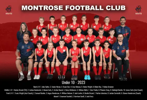 Montrose Football Club Under 10 team and coaches posing together in red uniforms.
