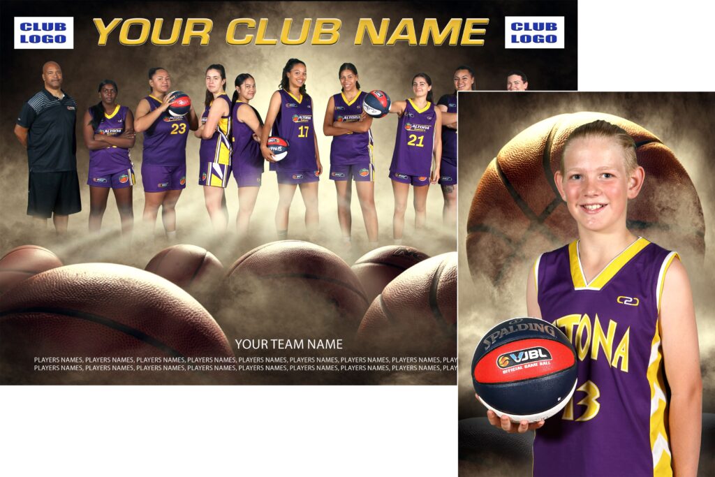 Girls basketball team in purple uniforms