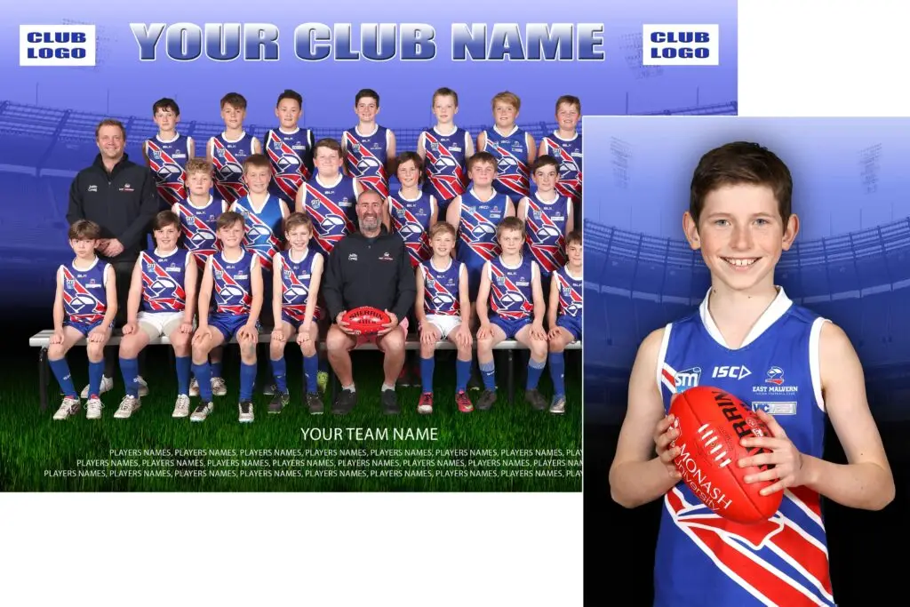 Junior football team and coaches posing in blue, red and white uniforms with a featured player.