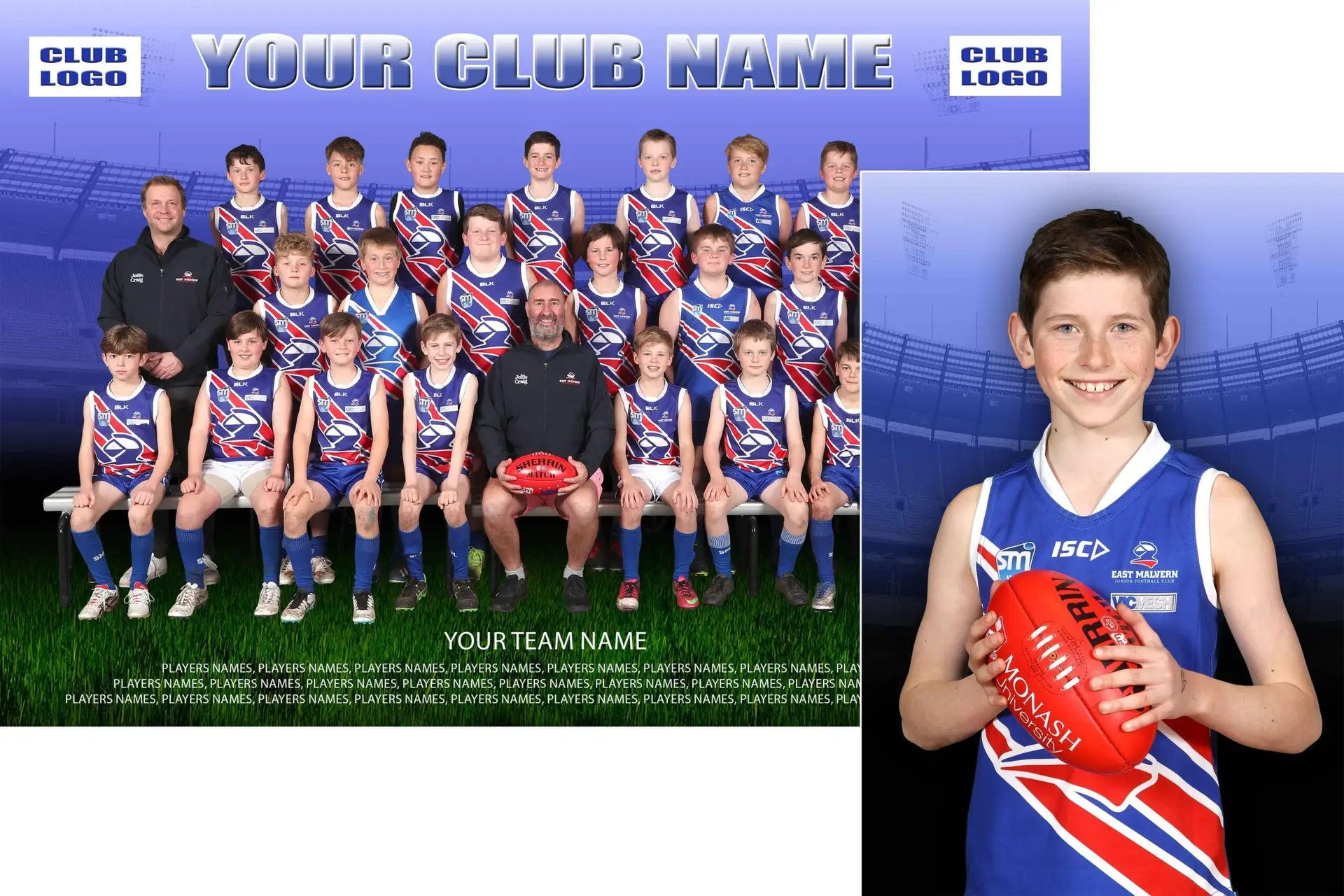Junior football team and coaches posing in blue, red and white uniforms with a featured player.