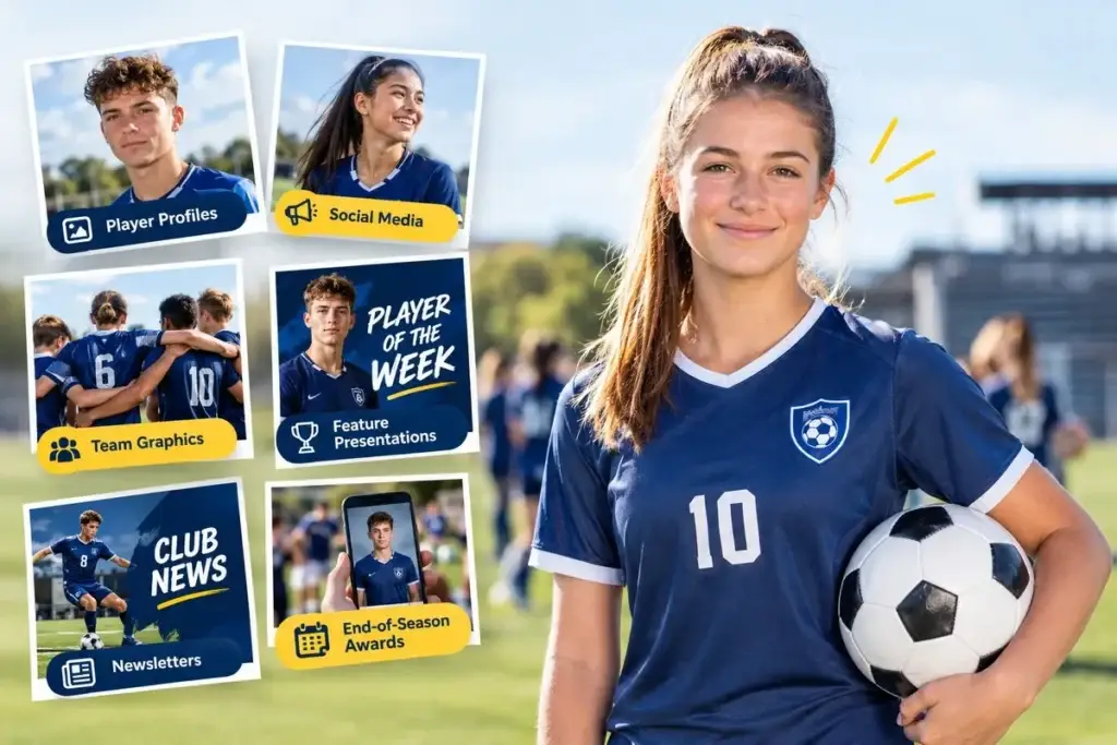 Female soccer player with portrait marketing graphic