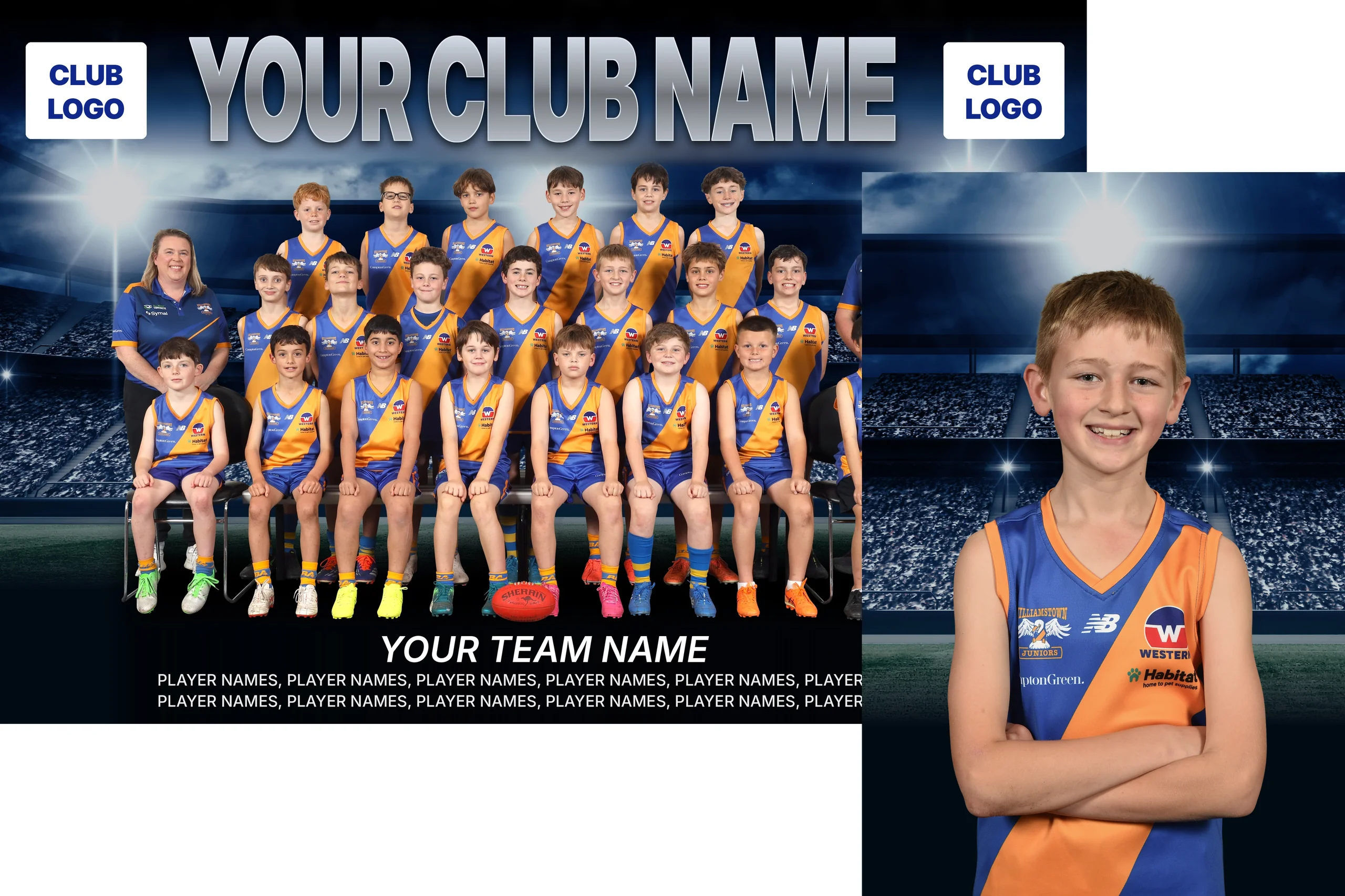 Junior AFL football team and coaches in blue and orange uniforms with a featured young player portrait